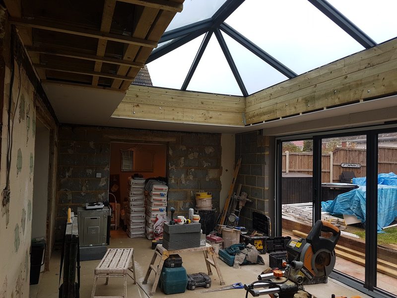 New extension with roof lantern – plastering under way by CT2 Plastering & Rendering, Orpington
