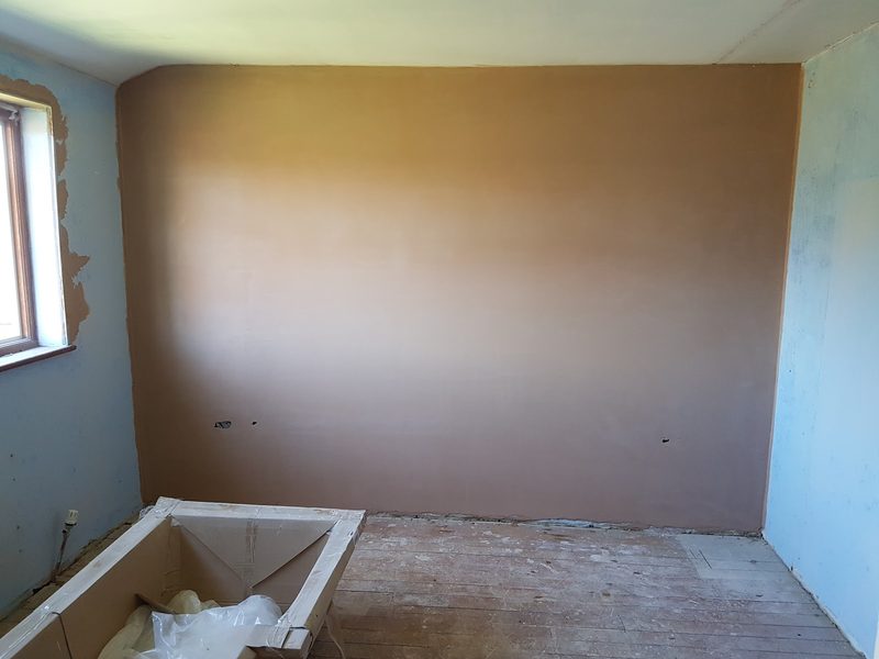 Bathroom wall re-skimmed before refit by CT2 Plastering & Rendering, Orpington